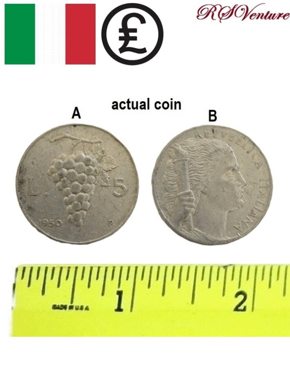 Vintage 1950 Italian Lira Coin L.5